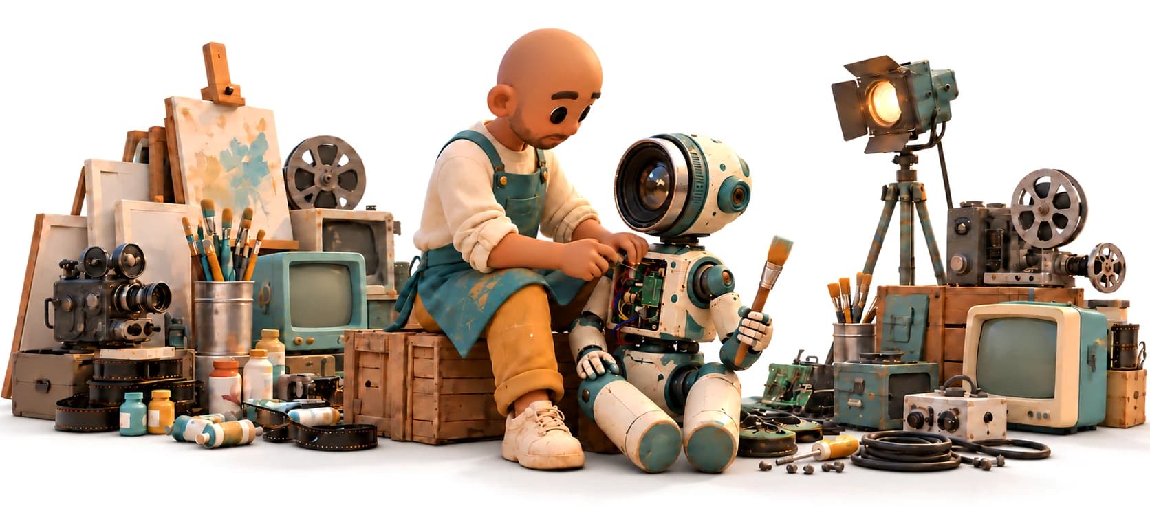 A 3D character in a denim apron repairing the open chest of a camera-headed robot, in a workshop full of paint, film reels and old TVs.