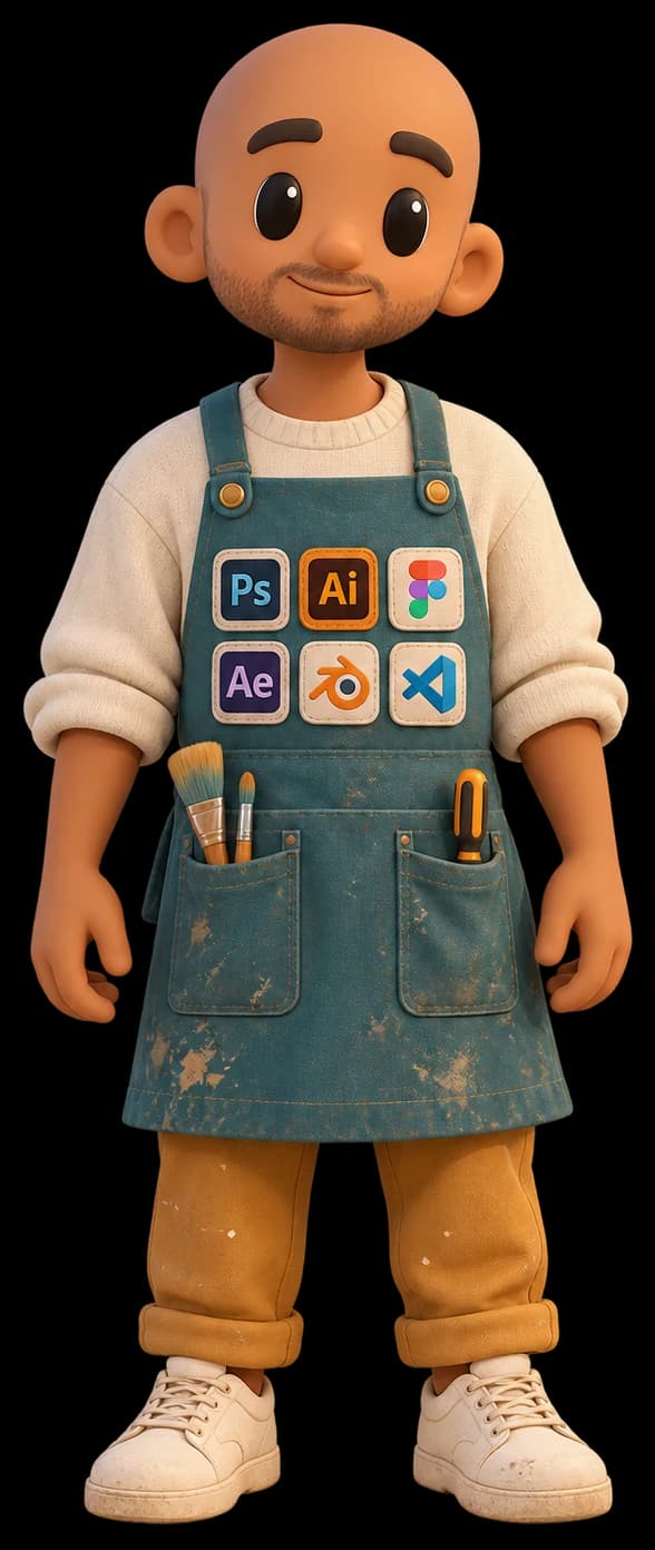 Vinohow's 3D avatar wearing an apron with Photoshop, Illustrator, Figma, After Effects, Blender and VS Code patches.