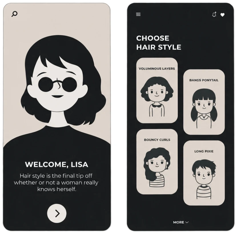 Two mobile app screens — a welcome screen and a hair style picker.